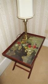 Vintage folding table w/ print, lamp