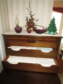 Antique chest of drawers, vintage linens/bedding, pattern glass, Ceramic lighted Christmas tree