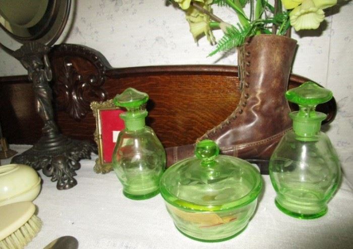 Vaseline glass dresser set, antique shoe