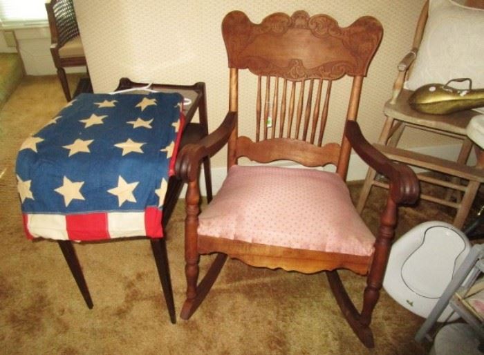 Antique rocking chair, carved back, 48 star flag