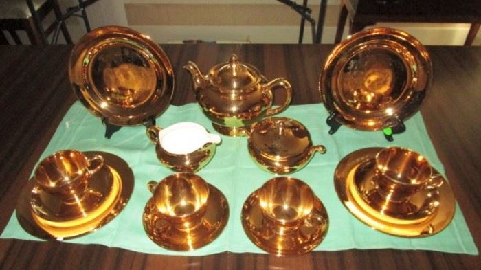 Antique Eggshell Nautilus gold plated lunch set including 4 plates, 4 cups & saucers, teapot, sugar & creamer (chip on one plate)