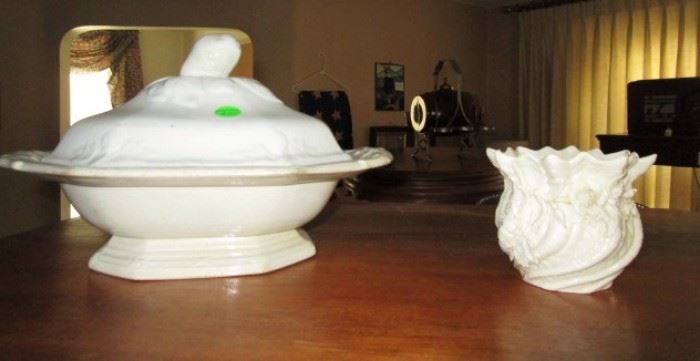 Vintage stoeware covered bowl, Belleek vase