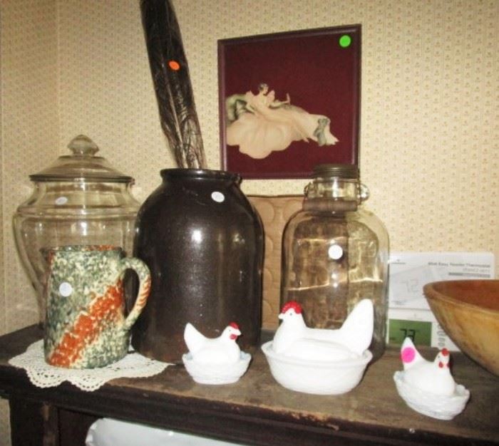 Antique, Vintage glass jars, stoneware and hen on nests