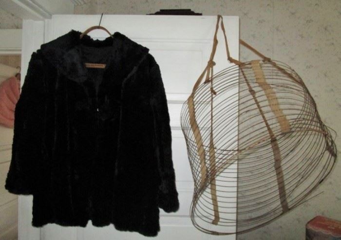 Vintage black fur jacket, 1800's wire collapsible hoop for skirts.