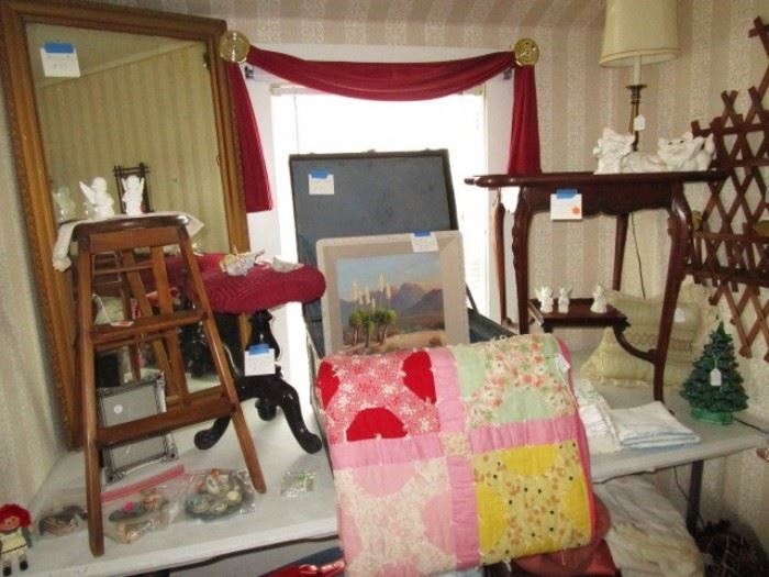 Vintage mirror, step stool, trunk/box, quilt, vintage parlor table, lamp, unique wall book/magazine shelf.