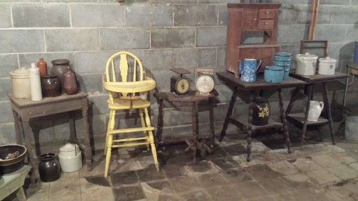 Crocks, misc. stands, blue graniteware, child's toy cupboard