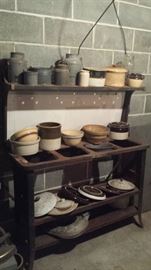 Gray & white enamelware, crocks, jugs, yellowware