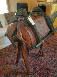Antique Japanese Samurai Pack Saddle. This saddle is on top of a hand made stand by John Kapel. Both items are in perfect condition. 