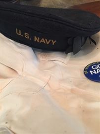 Navy hat, uniform shirt, button