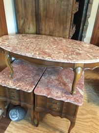 Marble topped French Provincial coffee table and end tables 