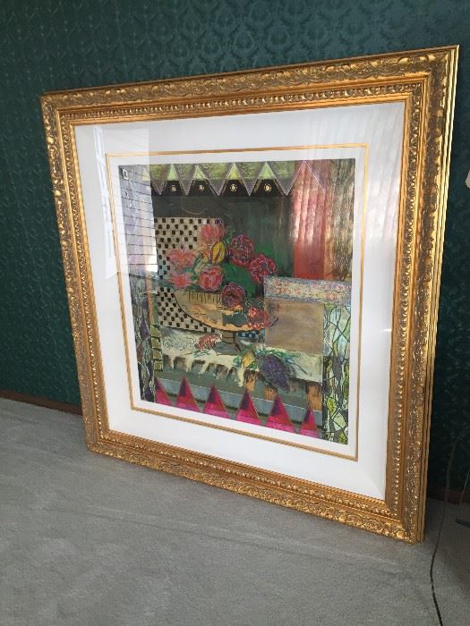"Cafe Bordeaux". Artist is  Shawna Hartlett, . Mixed Media. Signed in left lower corner. Huge, weighs 45 lbs. 44 in. wide by 46 in. high. Beautifully ornately framed. I have this on consignment. It was very expensive.   Priced at $375.00.  I have this on consignment.  The woman paid  much more than thsi price.