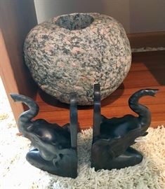 Stone Vase and Ebony and Bone Elephant Bookends