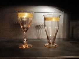 Pink depression glass (?) with gold rim.   Beautiful.  Multiple glasses available.