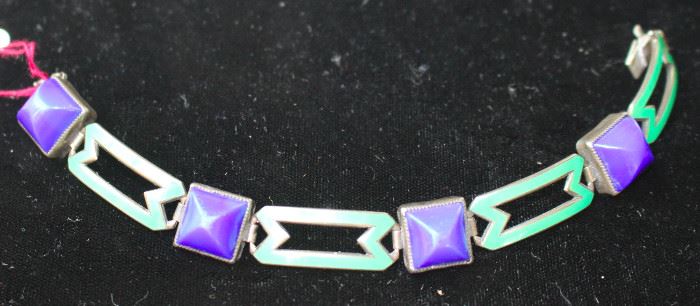 Sterling silver, enamel, lapis