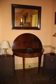 Stromburg speakers, mahogany hinge top demi-lune table