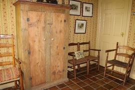 Antique cupboard, buggy seat, chairs