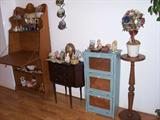 Antique Oak Secretary, sewing cabinet, Blue cabinet with copper front insets, Oak Pedestal, Topiary
