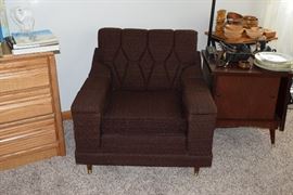 Armchair, side table, wooden bowls, decor