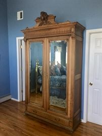 Antique carved wood mirrored armoire French