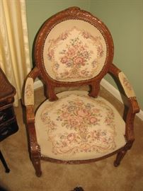 hand carved arm chairs with embroidered upholstery, vintage sewing machine