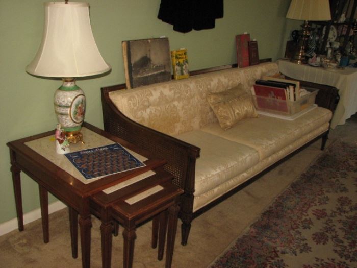 nesting tables, porcelain lamp, vintage sofa