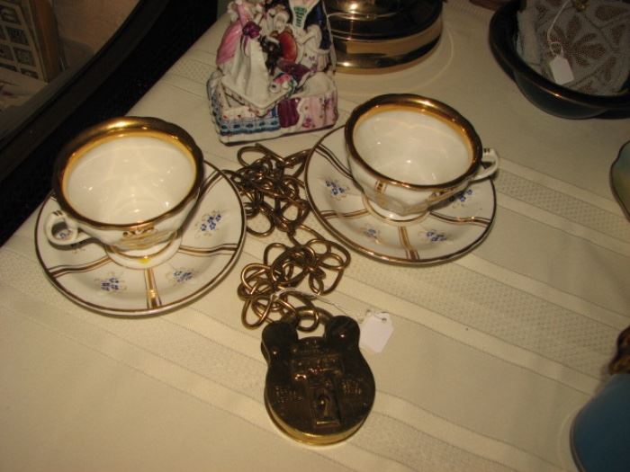 Railroad padlock, vintage teacup & saucers