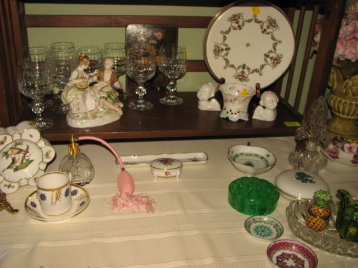 vintage perfume atomizer, porcelain serving wares, glass flower frog