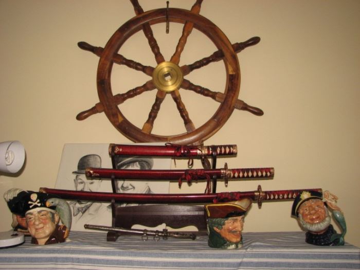 samarai swords with display, ship's wheel, Royal Doulton Bosuns
