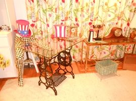 Mackenzie Childs Legs and stool, Cast iron base glass top table