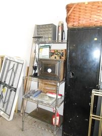 Griswold camp oven vintage picnic basket, metal cabinet