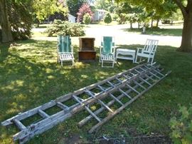 Wood Ladders,  Ship Deck Chairs, Wicker table, rocking chair