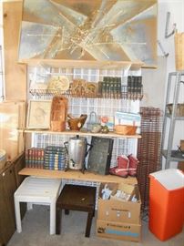 Mid-Century Pollack inspired large painting, small metal apothecary cabinet, vintage/antique books, retro kitchen or laundry bin