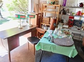 Lane desk and chair, vintage Coke wall/table lamps