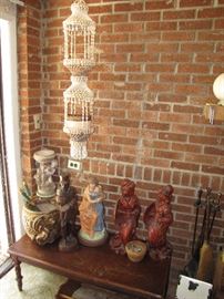 Large collection of yard art, chalkware and pottery. Vintage shell hanging plant holder.