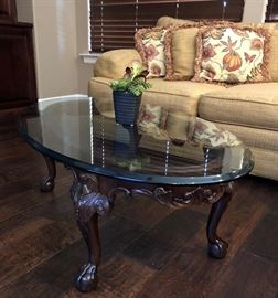Oval Coffee Table w Ball & Claw Feet and Beveled Glass Top