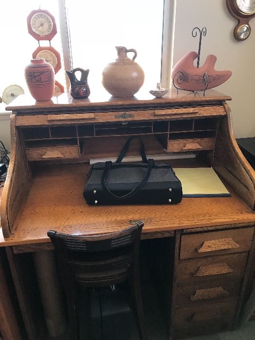 Antique Roll Top Desk & Signed pottery