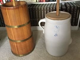 Butter churns, 4 gallon crock with handle and left grip, not a repro