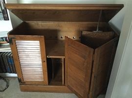 Cabinet shown open so you see record holders on left side bottom, lift top with shelf for record player, etc with holes out back for wire, very unusual and practical