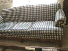 Blue plaid sofa, upholstery wearing thin due to cleanings, but excellent otherwise and we have complete cover for in blue plaid also