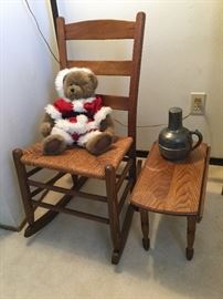 Child’s rocker with rush seat, small child’s drop leaf side table