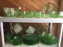 Depression Glass Collection, amazing number of matching pieces in princess? Pattern,  shown are divided plates, more than 12, cups and saucers also in quantity, etc.