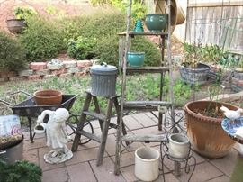 Antique ladders, crocks,  metal cans, fun!! 