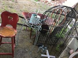 Wheelbarrow, garden fence, metal child high chair seat, etc.