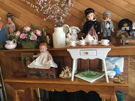 Metal cream can with lid, wood handled box, miniature white and wood table, antique doll, etc.