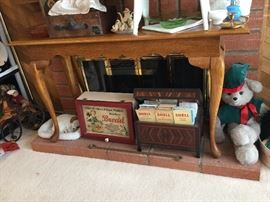 Queens Anne leg sofa table, bread box, old maps, etc.