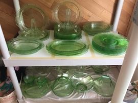 Green zdepression Glass in Princess pattern, also Cameo pattern  and others, we keep uncovering, many photos in total