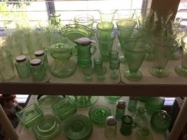 Princess pattern and Cameo pattern depression glass glasses, sherbets, shakers, vase, etc.