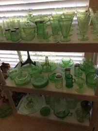 Green Depression Glass, so much we keep adding to the displays