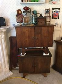 Pair mid century end table cabinets, antique butter churn, coffee grinder, etc.
