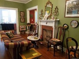 CAMEL BACK SOFA, VICTORIAN MARBLE TOP TABLE, HUNTING SCENE PICTURES, TV TRAYS, & COLLECTIBLES, MCM END TABLES, MCM GOLD LEAF CHANDELIER SCONCES & MIRROR. 